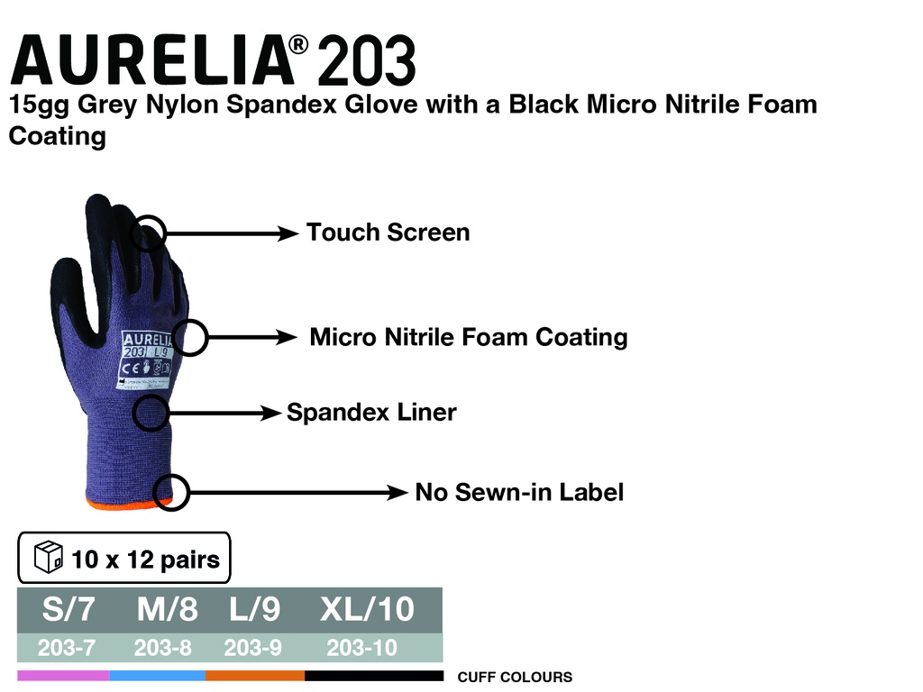 AURELIA 203 15GG GREY NYLON SPANDEX GLOVE WITH A BLACK MICRO NITRILA FOAM COATING